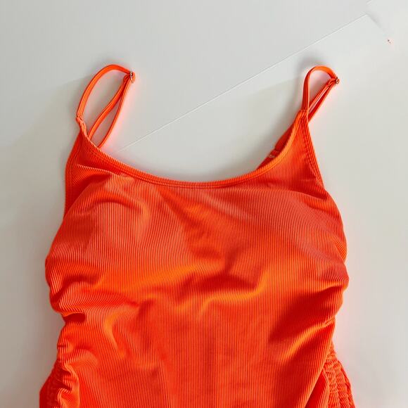 [Viottiset] Neon Orange Ribbed Ruched High Cut Cheeky One-Piece Swimsuit Size XL - Picture 5 of 11